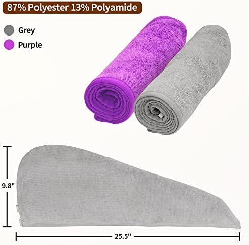 NEXCOVER Hair Towel Microfiber, 2 Pack Grey Purple 9.8 inch X 25.5 inch Hair Wrap,Ultra Absorbent Hair Turbans,Fast Drying Head Towels for Women Wet Hair,Long,Curly,Thick,Frizzy Hair - Image 4