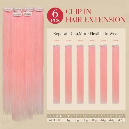 Rich Choices Real Human Hair Clip In Extensions-6 Pcs Single Clip Design-Invisible Clip in Extensions for Thin Hair-Hairpieces for Women/Men-14 Inches Pink-Halloween Hair Decorations - Image 2
