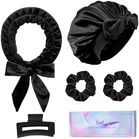 Heatless Hair Curler and Double Layer Satin Bonnet Set for Overnight Curls - No Heat Curling Rod with silk Bonnet, Sleep-In Safe for Long/Medium Hair, Frizz-Free Waves & Volume(Black) by Fgail