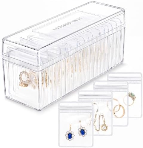 HOMEHIVE Acrylic Jewelry Box Organizer, Clear Jewelry Organizer and Storage with 20 Portable Anti Tarnish Jewelry bags, Travel Jewelry Case for Earrings/Rings/Necklaces Gifts for Women Girls, Clear by HOMEHIVE
