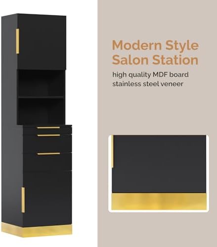 OmySalon Salon Stations for Hair Stylist, Barber Station with Storage Cabinet & Drawers & Hair Dryer Holders, Modern Beauty Salon Spa Equipment for Barbershop, Black Gold - Image 6