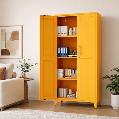 Metal Storage Cabinet with Lock,Yellow Steel Tool Cabinet with 3 Adjustable Shelves,61 Tall Freestanding Heavy Duty Garage Locker for Home Office Kitchen 61" H X 27.6" W X 13.8" D by HOME