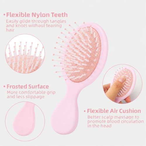 Mini Hair Bursh for Women Girls, Protable Travel Size Hair Brush for Pockets Purse backpack, Mini Detangler Brush for All Hair Types, Small Hair Brush for Detangling(Pink) - Image 3