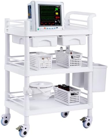 VEVOR Medical Mobile Trolley Cart with 2 Drawers & 3 Trash Cans, 3 Tiers Beauty Salon Rolling Trolley with 4 Silent Wheels & 2 Dirts Bucket & Bowl, Medical Utility Cart for Hospital Dental Clinic Lab by VEVOR