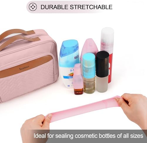 COOSKY Travel Hanging Toiletry Bag for Women, Large Makeup Bag 8 Leak Proofing Silicone Bottle Covers, Waterproof Cosmetic Bag with Jewelry Organizer Compartment, Toiletries Kit Set, Pink - Image 2