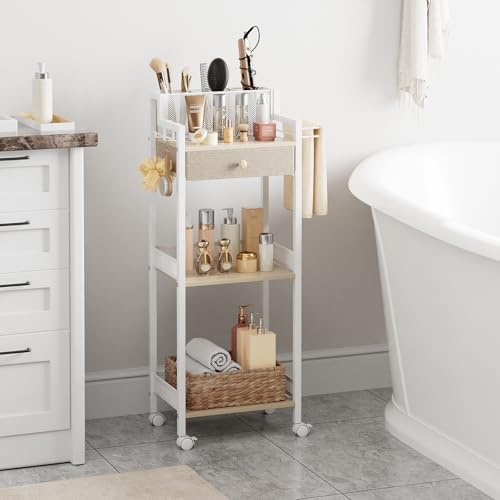 3 Tier Bathroom Organizer Shelf with Drawer, Rolling Makeup Cart - Image 2