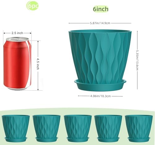 6 Inch Plant Pots, 6 Pack Indoor Flower Pots, Planters with Drainage Holes and Trays for Orchids, Violets, Succulents, Herbs, and Other Plants,Blue-Green - Image 2