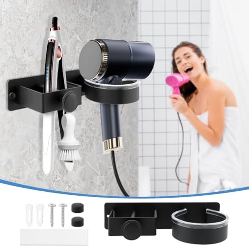 Black Hair Dryer Holder Wall Mount, No Drill Hair Tool Organizer - Image 7