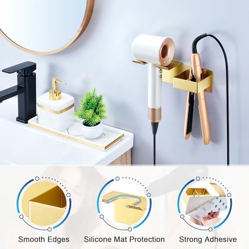 Hair Dryer Holder Wall Mounted, Hair Straightener Holder Metal, Adhesive Blow Dryer and Hair Straightener Holder, Bathroom Bedroom Hair Tool Organizer for Flat Iron,Curling Iron,Hairdryer (Gold) - Image 3