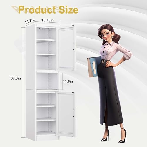 67" Tall Narrow Bathroom Storage Cabinet, Metal Pantry Cabinet, White - Image 3