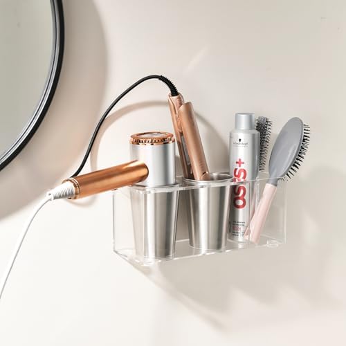 Hair Tool Organizer, Acrylic Hot Tools Organizer with 2 Stainless Steel Cups, Hair Tool Holder Wall Mount & Countertop for Dryer, Curling Iron & Brushes for Bathroom Vanity CHOCHOYAH - Image 6