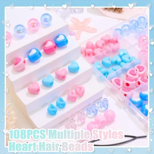 NAISKA 108PCS Pink Blue Hair Beads Heart Beads for Hair 12 Styles Dreadlock Bead Clear Bead Loc Jewelry Cute Hair Accessories for Kids Girls - Image 2