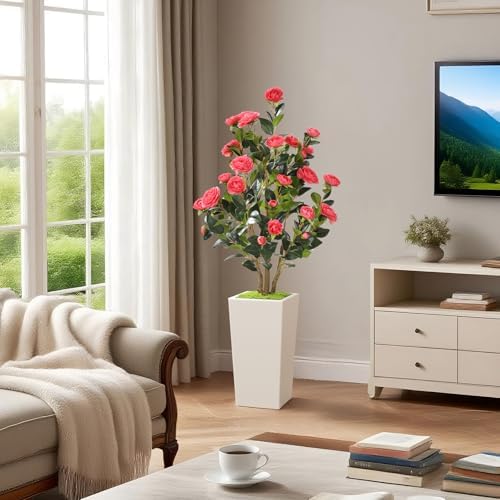 Romantic Season 4FT Artificial Camellia Tree with White Tall Planter, Pink Faux Camellia Plant Flower Tree for Modern Home Office Living Room Floor Décor Outdoor Indoor，Pink - Image 4