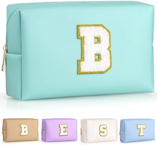 TOPEAST Preppy Patch Makeup Bag, Chenille Letter Pouch Cosmetic Bag, PU Leather Waterproof Toiletry Bag, Personalized Birthday Gift for Women Girl, Cute Stuff for Girls (Blue B) by TOPEAST
