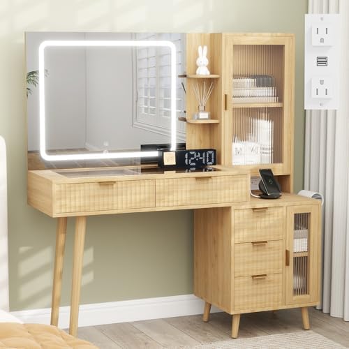 49" Wood Vanity Desk with Mirror and Lights, Boho Fluted Makeup Vanity Table with Modern Glass Top, Charging Station, 5 Drawers, 2 Cabinet with Adjustable Shelves, Salon Station, Natural Oak by GlouModFurniture