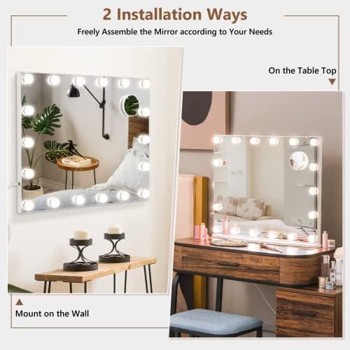 Tangkula Vanity Mirror with Lights, 26" x 21" Makeup Mirror with 18 LED Bulbs, Adjustable Color Lighting Modes & Brightness, Hollywood Mirror with 3X Magnifying Mirror, Tabletop & Wall-Mounted - Image 4