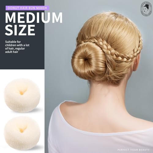 Teenitor Hair Bun Maker Set - 7 Hair Donut for Buns (1 Extra-Large, 2 Large, 2 Medium, 2 Small), 5 Elastic Bands, 20 Hair Pins, Cream White Color - Image 3