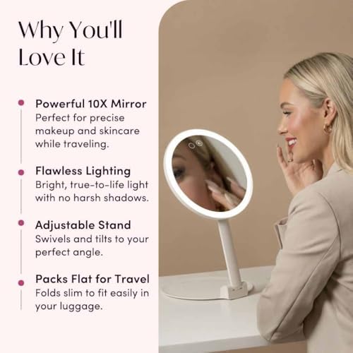 Fancii 10x Travel Magnifying Makeup Mirror with Lights, Rechargeable, Height Adjustable 8" Stand, 3 Dimmable Color Modes, Portable LED Vanity Mirror (Abigail) - Image 3
