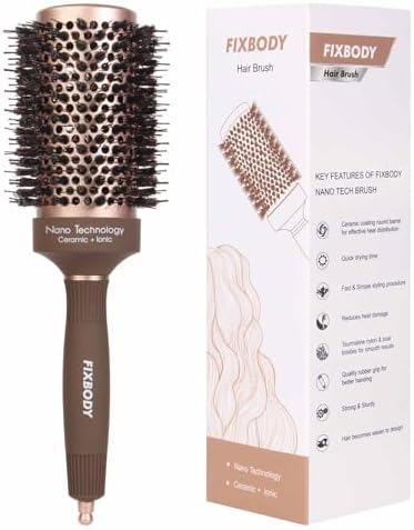 FIXBODY Hair Brush, Round Brush for Blow Drying, Curling, Styling, Nano Thermal Ceramic & Ionic Tech, Boar Bristle, 3.3 inch, 2 inch Barrel, for Women, Volume & Shine, Brown, Hair Brush for Thick Hair by FIXBODY
