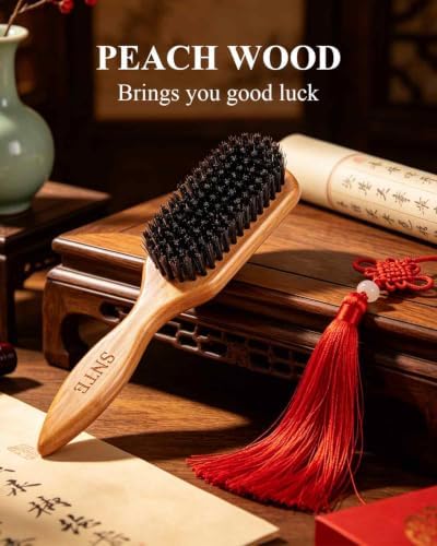 Peach Wood Boar Bristle Slick Back Hair Brush & Rat Tail Comb Set - Controls Frizz, Smooths Flyaways, Restores Shine - Creates Sleek Ponytails, Buns & Edge Control, Teasing for Women & Kids - Image 6