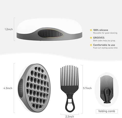 WTTORDE Silicone Curl Brush with Pick Comb, Hair Twist Curling Comb for Afro Curls, Small Holes Curler for Men Women Boy Girl, Gray, 1 Piece - Image 2