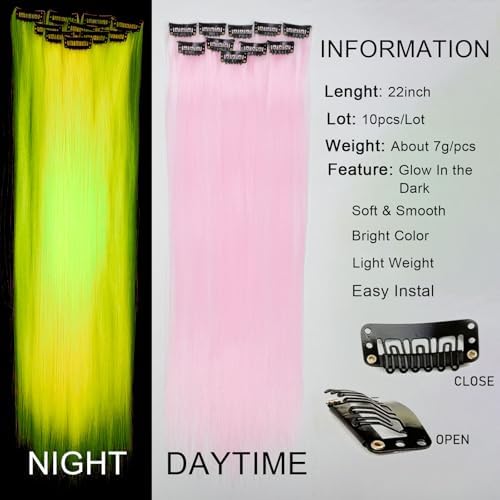Ms Aloe Glow in the Dark Hair Extensions Pink Clip in Hair Extensions 22inch Synthetic Straight Hair Clip in Luminous Colored Hair Extensions for Women (10pcs Pink) - Image 3