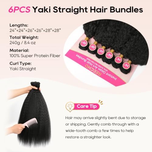 REECHO Yaki Straight Hair Bundles, 6PCS Super Protein Fiber Kinky Straight Quick Weave Bundles 24 26 28 Inch Full Head Synthetic Hair Extensions for Women - Jet Black - Image 5