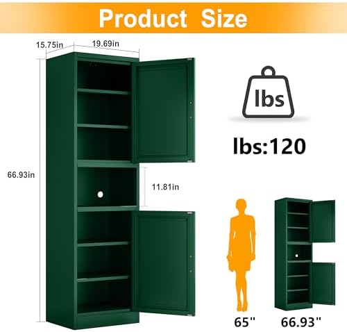Ckzbx Tall Narrow Storage Cabinet 66.93" H Tall Bathroom Cabinet Metal Pantry Cabinets, 4 Adjustable Shelves for Kitchen, Home Office, Living Room, Dinning Room (20 inches Wide Green) - Image 3