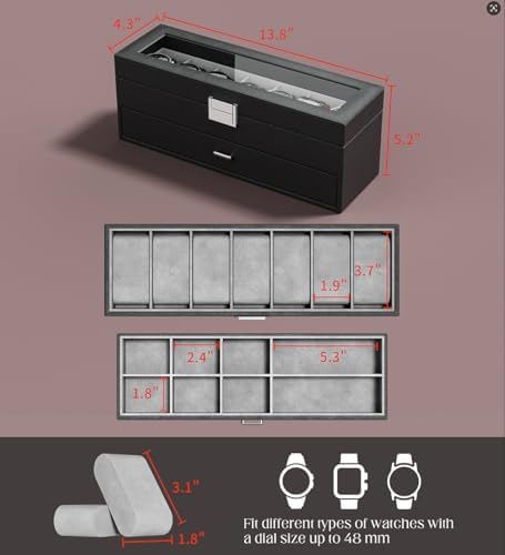 Watch Case Box for Men - 7 SLots Watches Storage Organizer Real-Glass Display Case with Jewelry Drawer 2-Layer PU Leather Collection Holder Gift for Loved Ones Black - Image 6
