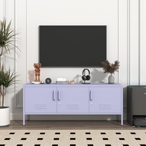 Purple Media TV Stand with Lock, 3 Door Metal Accent Cabinet with Adjustable Shelves, Steel Storage Sideboard for Living Room Bedroom Entrancy 22" H X 47.3" W X 13.8" D by HOME