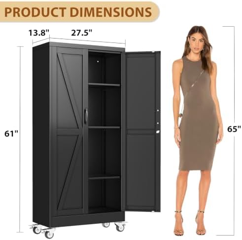 61" Metal Garage Storage Locker Cabinet with Wheels,Rolling Black Lockable Tool Cabinet with 2 Doors and 3 Adjustable Shelves, Steel Office File Cabinet for Home Office Warehouse Gym - Image 3
