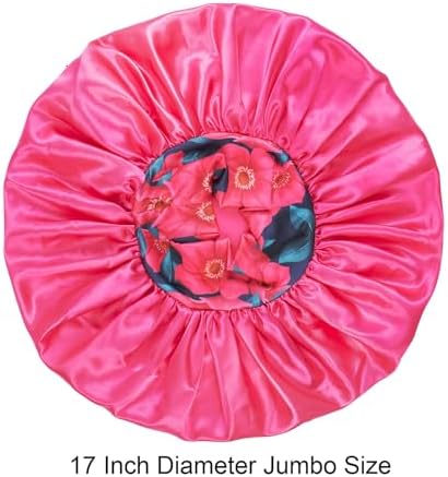 Isshin Beauty Silk Satin Bonnet Hair Cap: 2pcs 17inch Diameter Extra Large Jumbo Sleeping Satin Bonnets (Blue & HotPink) - Image 5