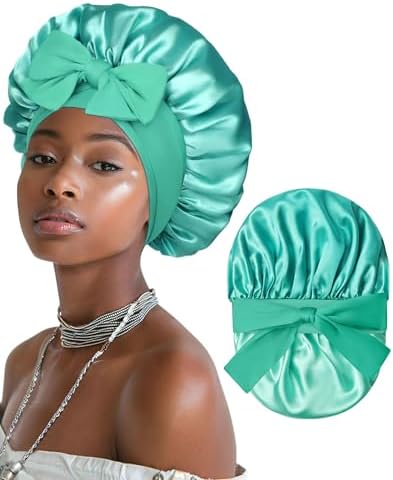 Satin Bonnet for Women Silk Bonnets for Sleeping Curly Hair Bonnet with Elastic Tie Band Reversible Double Layer Sleep Cap Hair Wrap (Blue+Green) by AWAYTR