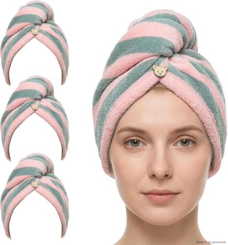 3 Pack Microfiber Hair Towel Wrap for Women, Fast Drying Hair Turban with Button, Anti-Frizz Large Hair Towel for All Hair Styles, Soft & Absorbent Hair Drying Towel by YHPDYL