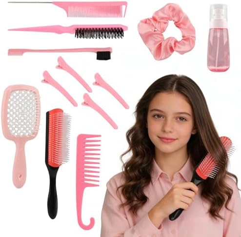 12-Piece Hair Brush Set with Detangling Brush and Hair Spray Bottle, Pink by Unknown