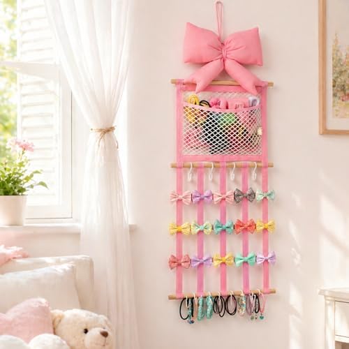 Suncalla Pink Hair Bows Holder Headband Organizer for Girls, Mesh Pocket - Image 2