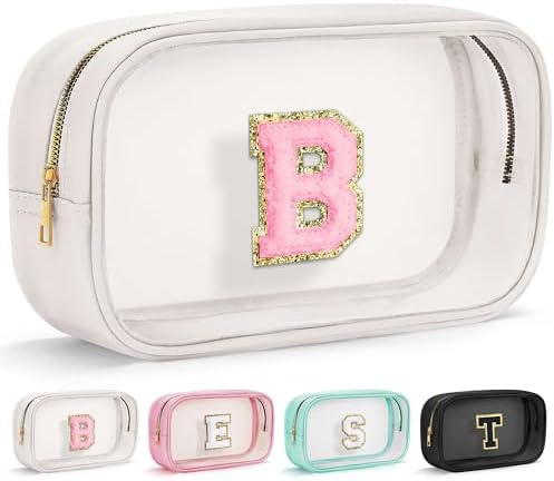 YOOLIFE Initial Travel Makeup Bag Pouch, Clear Toiletry Bag for Women Travel Accessories Cosmetic Bag Skin Care for Teen Make Up Bags Birthday Gifts for Women Unique Teacher Mom Friends Gifts White B by YOOLIFE