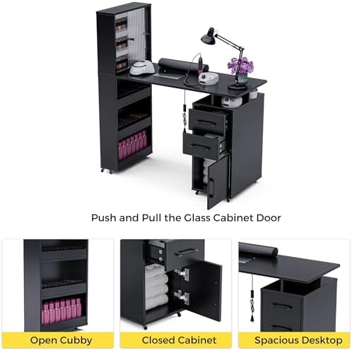 Kikihouse Nail Desk Manicure Table with Dust Collector and Wheels (Black) - Image 4