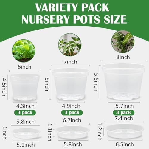 9 Pack 8/7/6 Inch Clear Nursery Pots for Plants with Saucer, Transparent Plastic Plant Pots with Drainage Holes, Sturdy Seedling Starter Pot, Garden Planter Pot for Succulents Flowers Herb Vegetables - Image 2