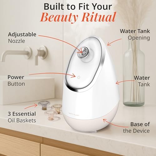 Vanity Planet Aira Ionic Facial Steamer (Beige) - Pore Cleaner that Detoxifies, Cleanses and Moisturizes - Adjustable Nozzle, Water Tank with 3 Essential Oil Baskets - Image 4
