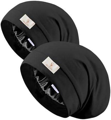 SECZIPE 2pcs Silk Satin Bonnet Hair Wrap for Sleeping, Adjustable Strap Curly Natural Hair Night Caps for Women Men(Black&Black) by SECZIPE