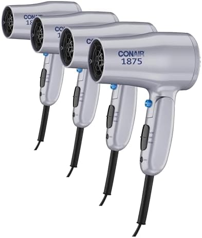 Conair 1875 Watt Compact Dual Voltage Travel Hair Dryer with Folding Handle, Grey (Pack of 4) by conair