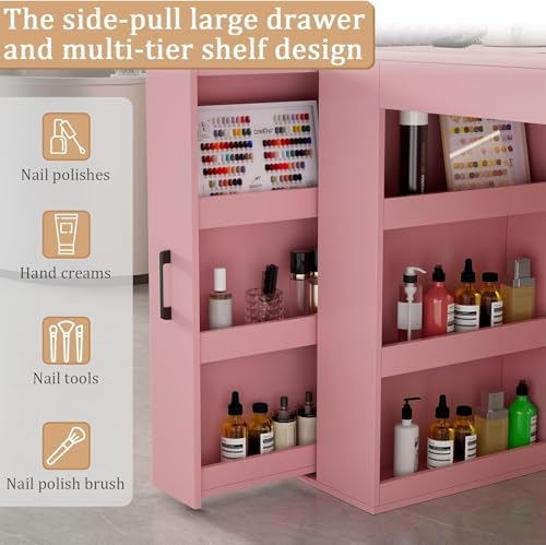 Professional Nail Desk for Nail Tech with Storage Cabinet and Fan – Modern Nail Table for Salon, Nail Tech Table with Drawer, Armrest & Dust Collector,Manicure Table Nail Desk (Pink) - Image 4