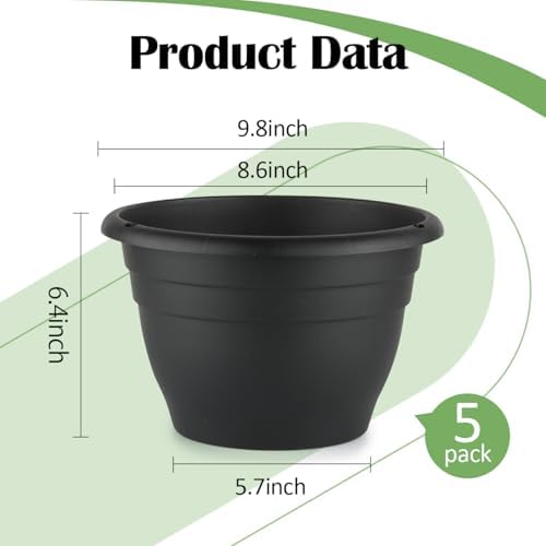 RooTrimmer 5 Pack 10 Inch Plant Pots Plastic Planters with Drainage Holes & Plugs,Lightweight Flower Pots for Indoor Outdoor Plants,Flowers,Monstera,Snake Plant,Home Garden(Black) - Image 3