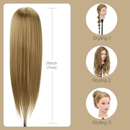 28" Mannequin Head Human Hair, 80% Real Hair Mannequin Head, Cosmetology Manikin Doll Head for Hair Styling Set #27, Training Practice Braiding Head with Table Clamp Suitable for Hair Extensions - Image 4