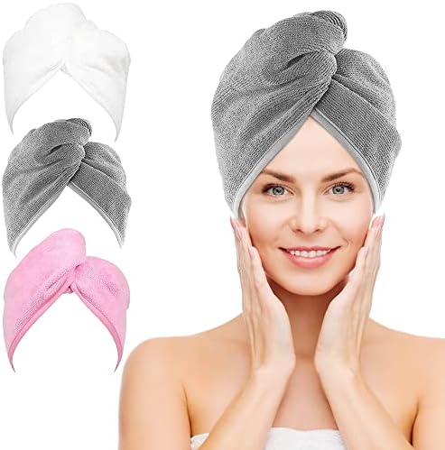 NEXCOVER Hair Towel Microfiber, 3 Pack White Grey Pink 9.8 inch X 25.5 inch Hair Wrap,Ultra Absorbent Hair Turbans,Fast Drying Head Towels for Women Wet Hair,Long,Curly,Thick,Frizzy Hair by NEXCOVER