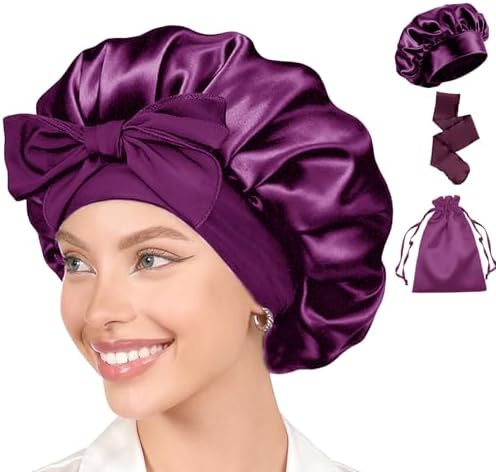 Womens Hair Bonnets Satin Bonnet for Sleeping Silk Bonnets Curly Hairs Braids Silky Sleep Caps with Long Soft Tie Band by WJingYiJia
