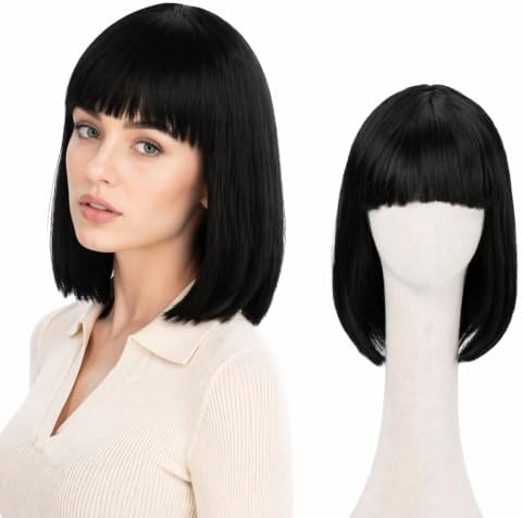 Short Black Bob Wig with Bangs for Women by PARTYTELLER