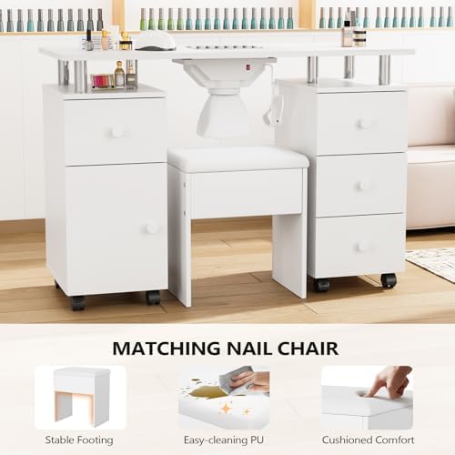 OmySalon Nail Desk and Chair Set, with Stool, Dust Collector, Arm Rest & Wheels, Acetone Resistant Desktop, Manicure Table Nail Table Station for Nail Tech w/Drawers Storage (White) - Image 3