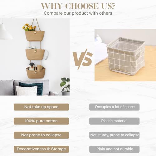 TeoKJ Over the Door Hanging Baskets with Wooden Button, 3-Tier Woven Cotton Storage Organizer Bag, Wall-Mounted with Hook Decorative Hanging Nursery Baskets, Jute - Image 4